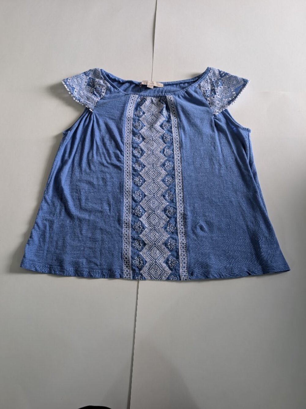 Loft Petite Women's Blue Cap Sleeve White Embroidery 100% Cotton Tee Shirt Small